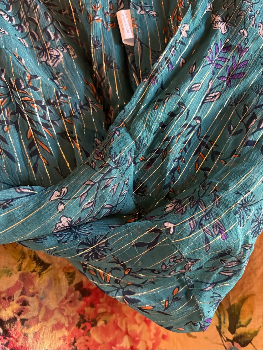 NWT Aratta Bohemian Floral Open-Front Jacket with Teal Trim - Picture 6 of 7